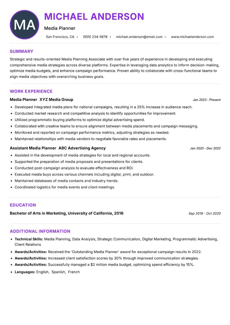 Media Planning Associate Resume Preview Example