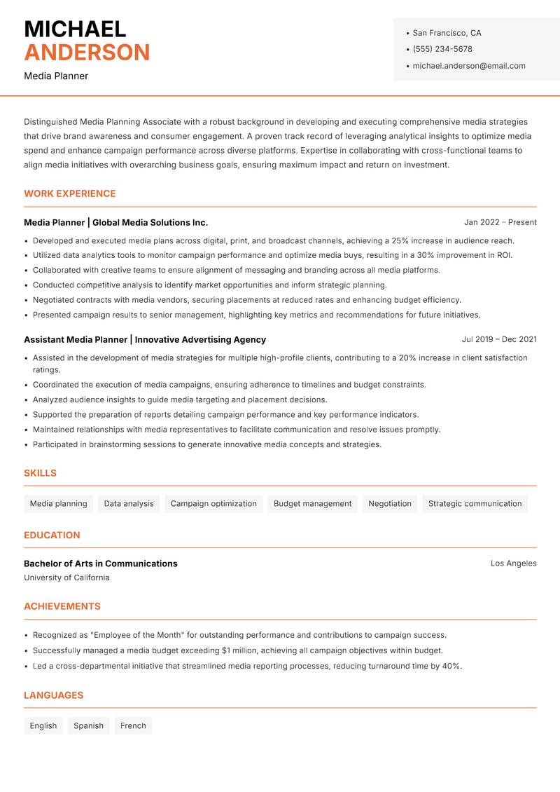 Media Planning Associate Resume Template