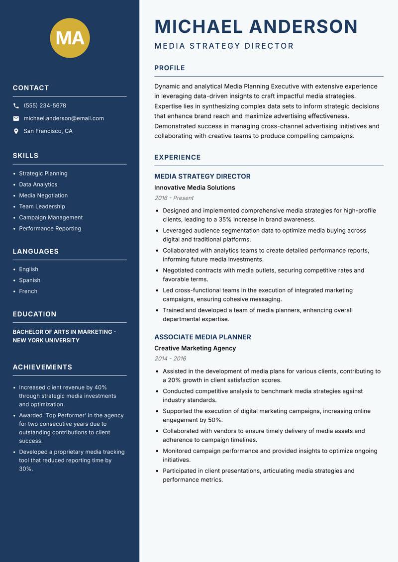 Media Planning Executive Resume Preview Example