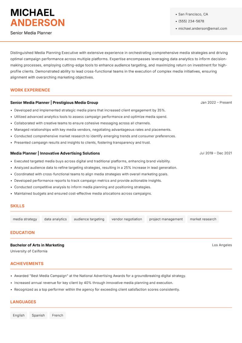 Media Planning Executive Resume Template