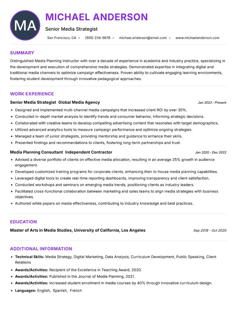 Media Planning Instructor Resume Preview Example