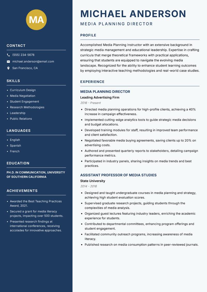 Media Planning Instructor Resume Preview Example