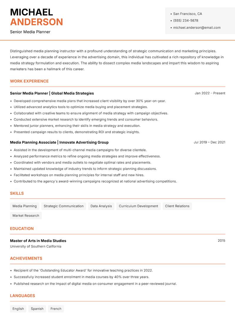 Media Planning Instructor Resume Template