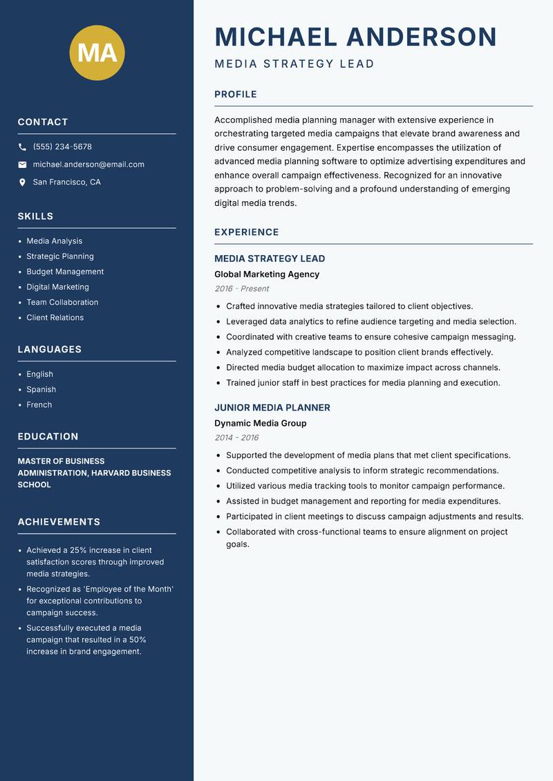 Media Planning Manager Resume Preview Example