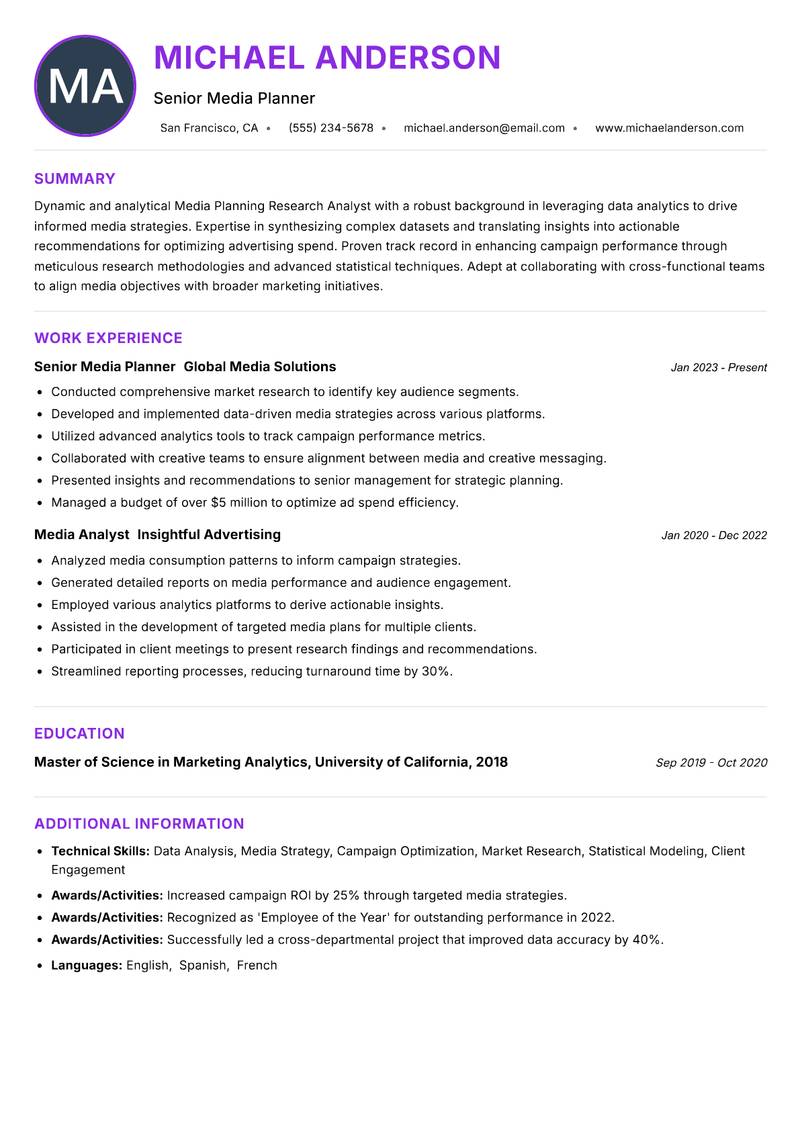 Media Planning Research Analyst Resume Preview Example