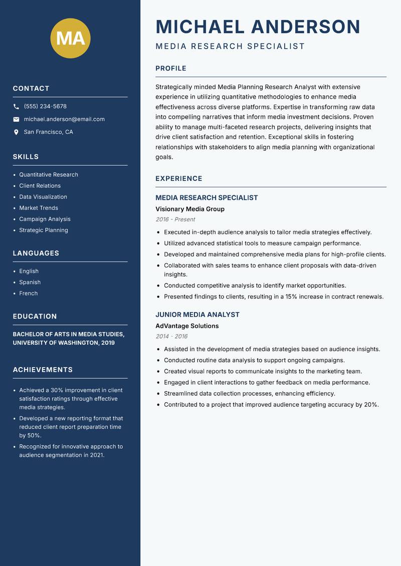 Media Planning Research Analyst Resume Preview Example