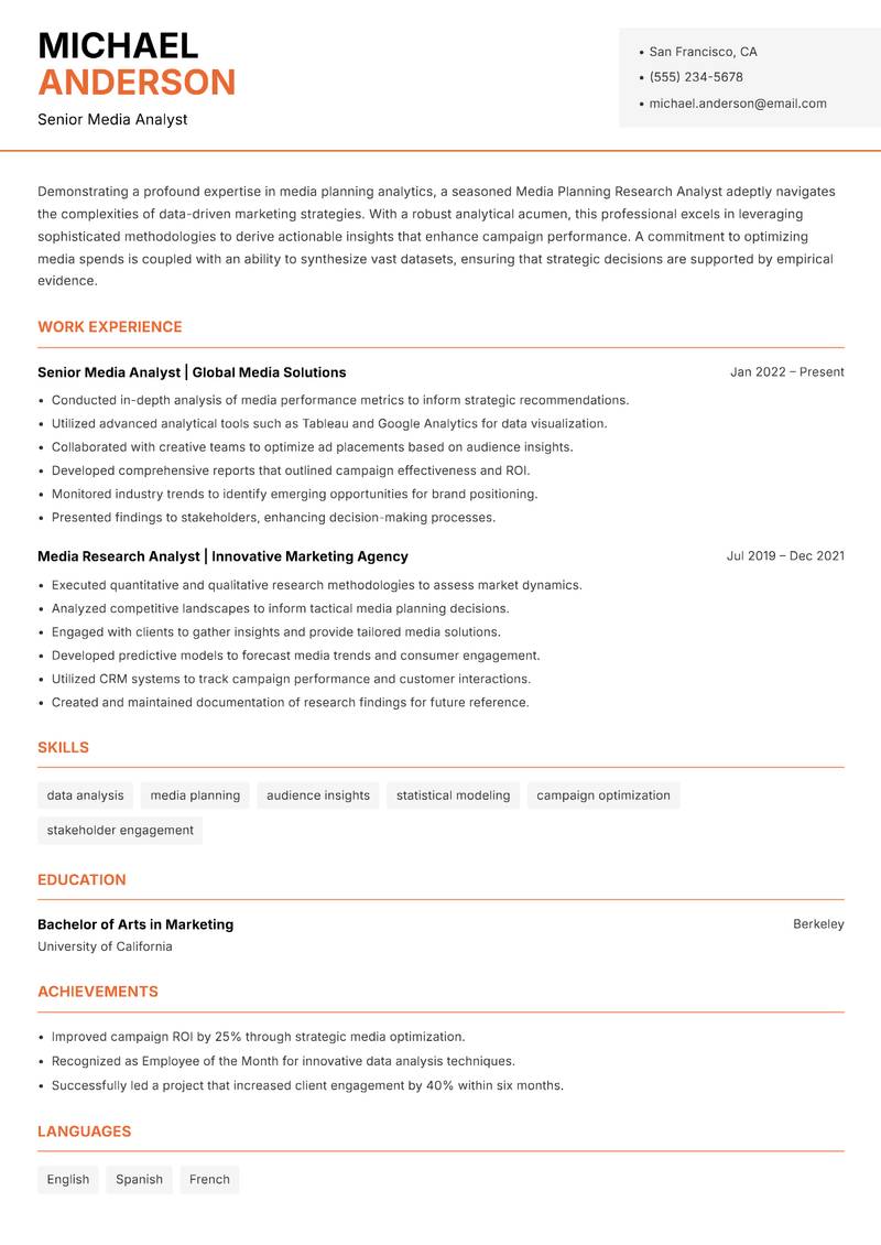 Media Planning Research Analyst Resume Template
