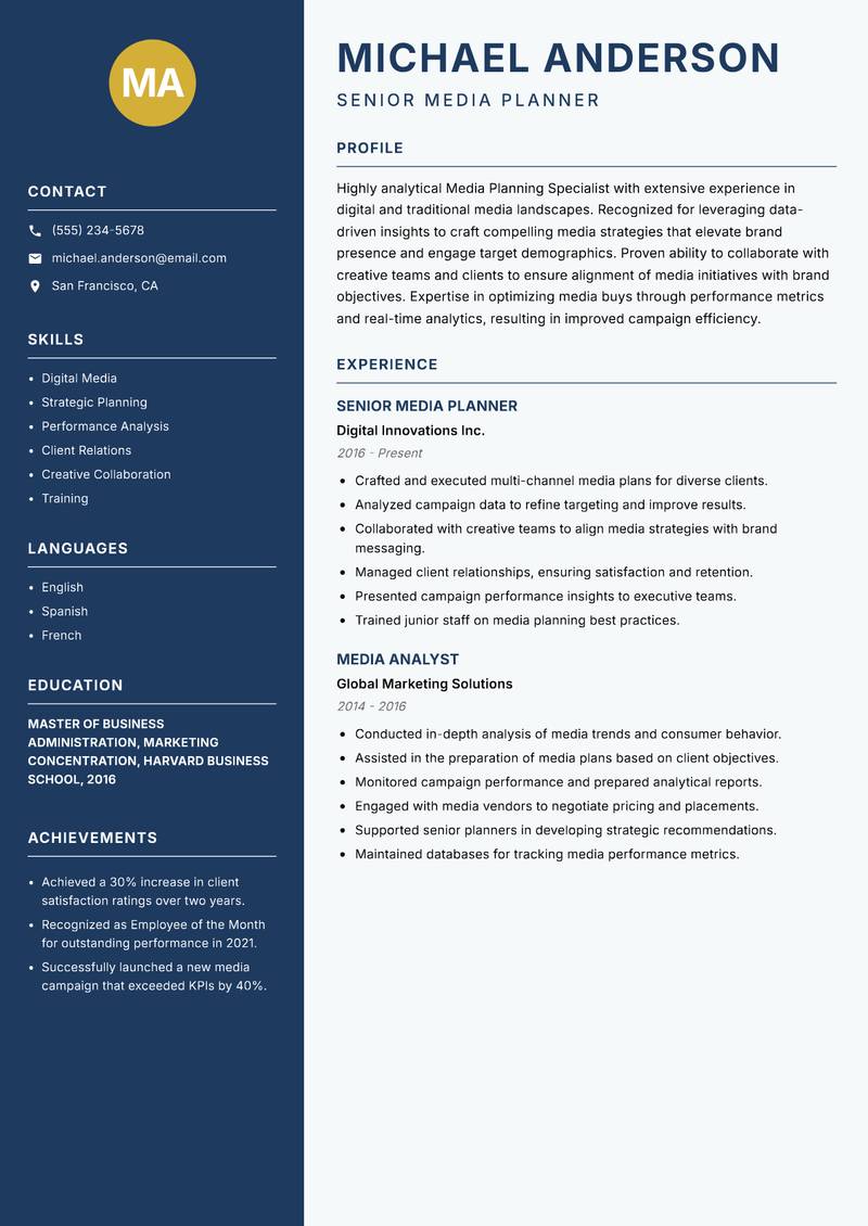 Media Planning Specialist Resume Preview Example