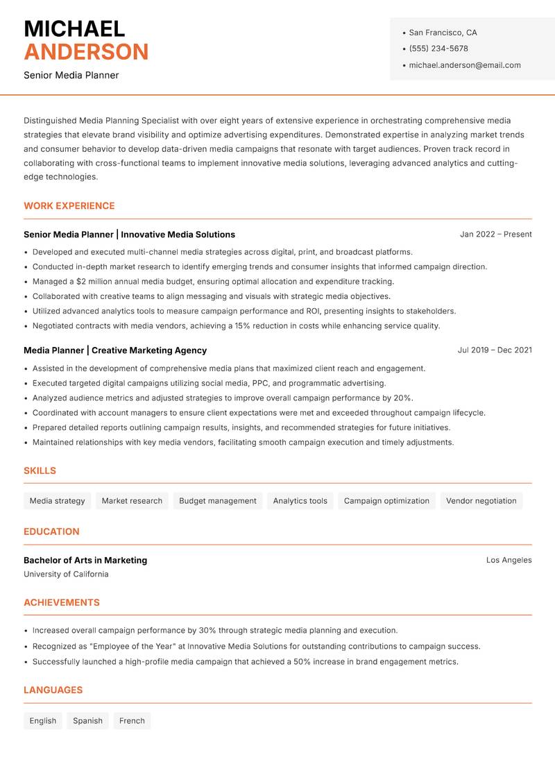 Media Planning Specialist Resume Template
