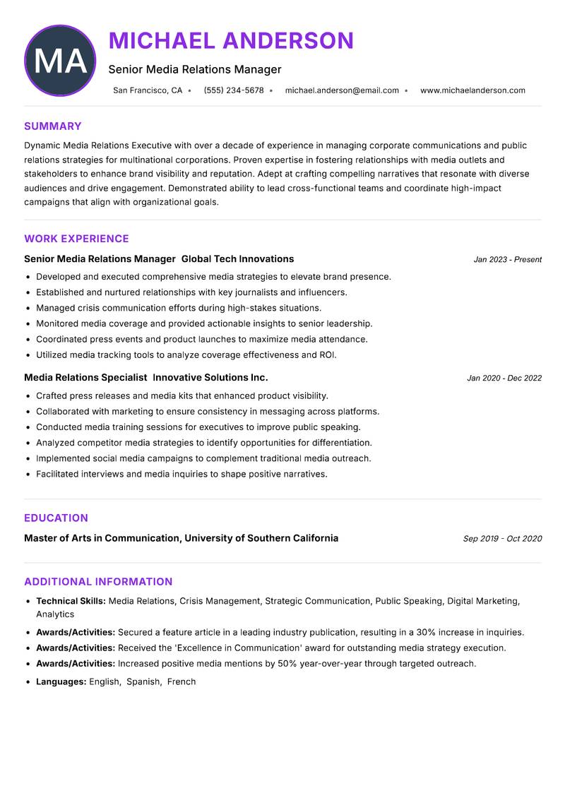 Media Relations Executive Resume Preview Example