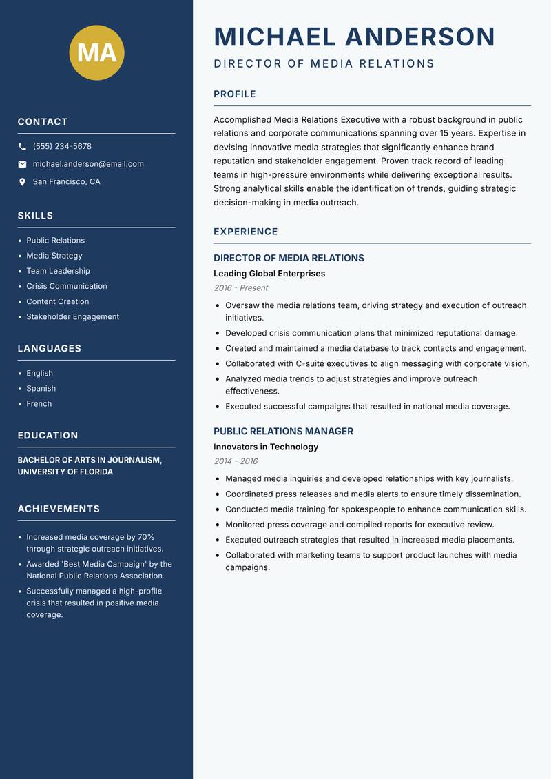 Media Relations Executive Resume Preview Example