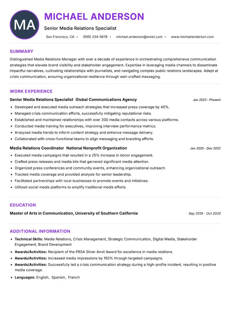 Media Relations Manager Resume Preview Example