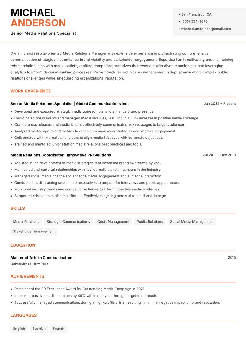 Media Relations Manager Resume Template