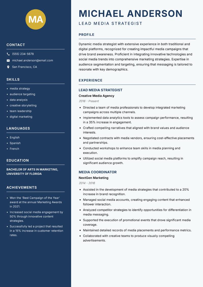 Media Strategist Resume Preview Example