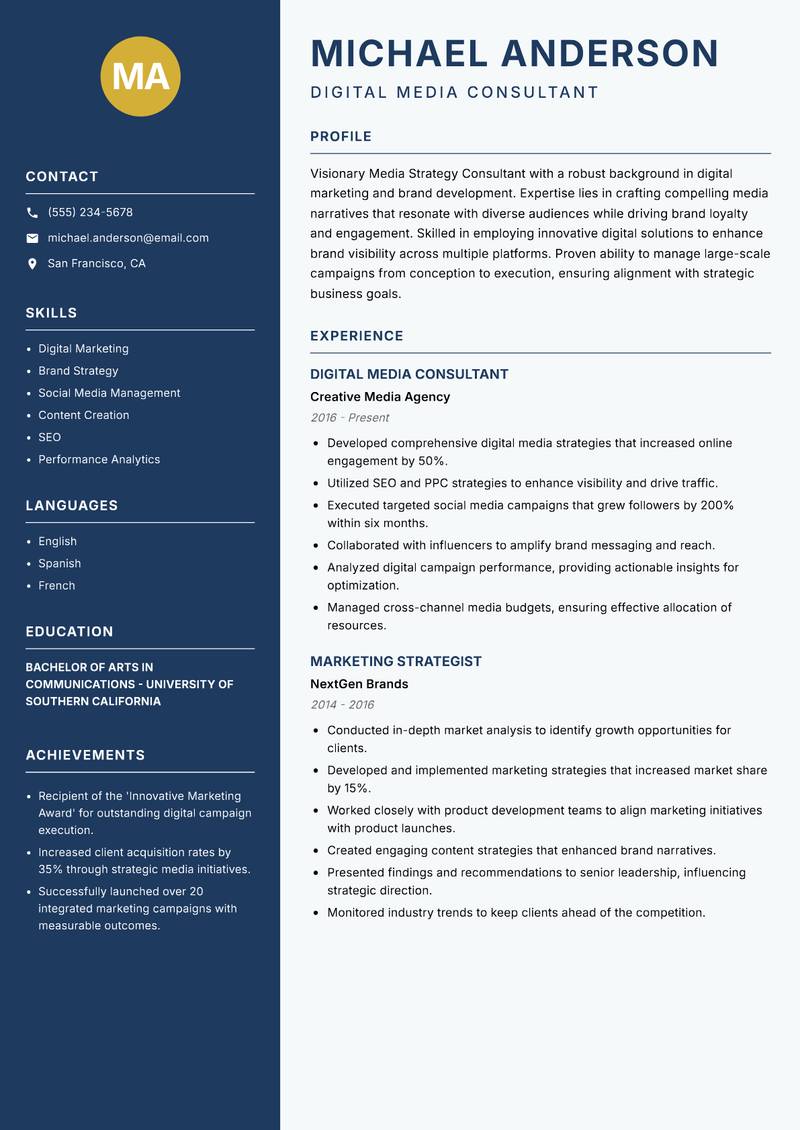 Media Strategy Consultant Resume Preview Example