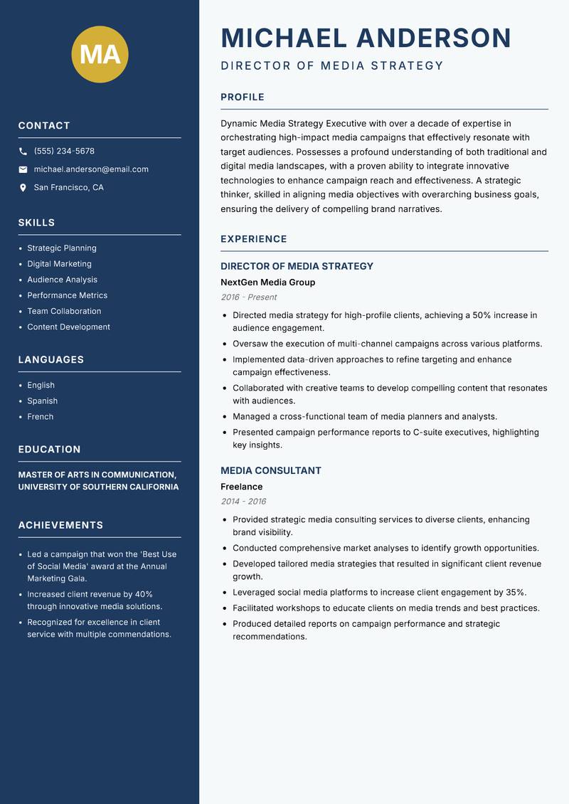 Media Strategy Executive Resume Preview Example