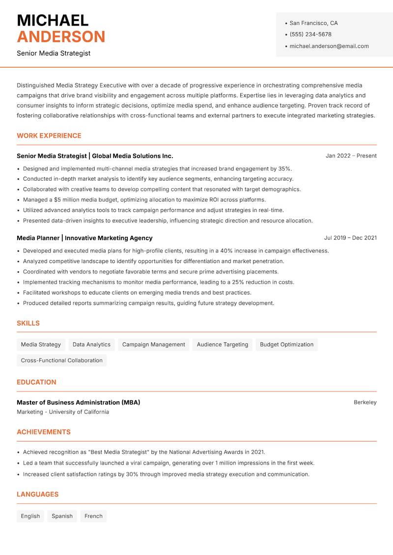 Media Strategy Executive Resume Template
