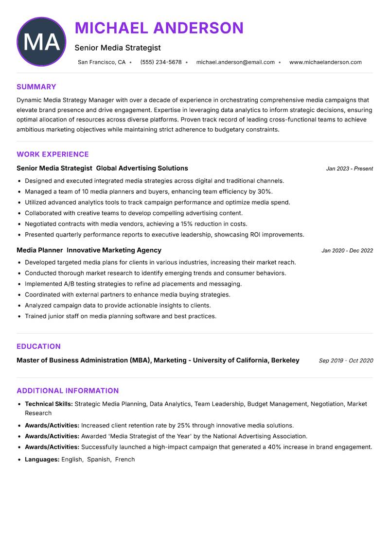 Media Strategy Manager Resume Preview Example