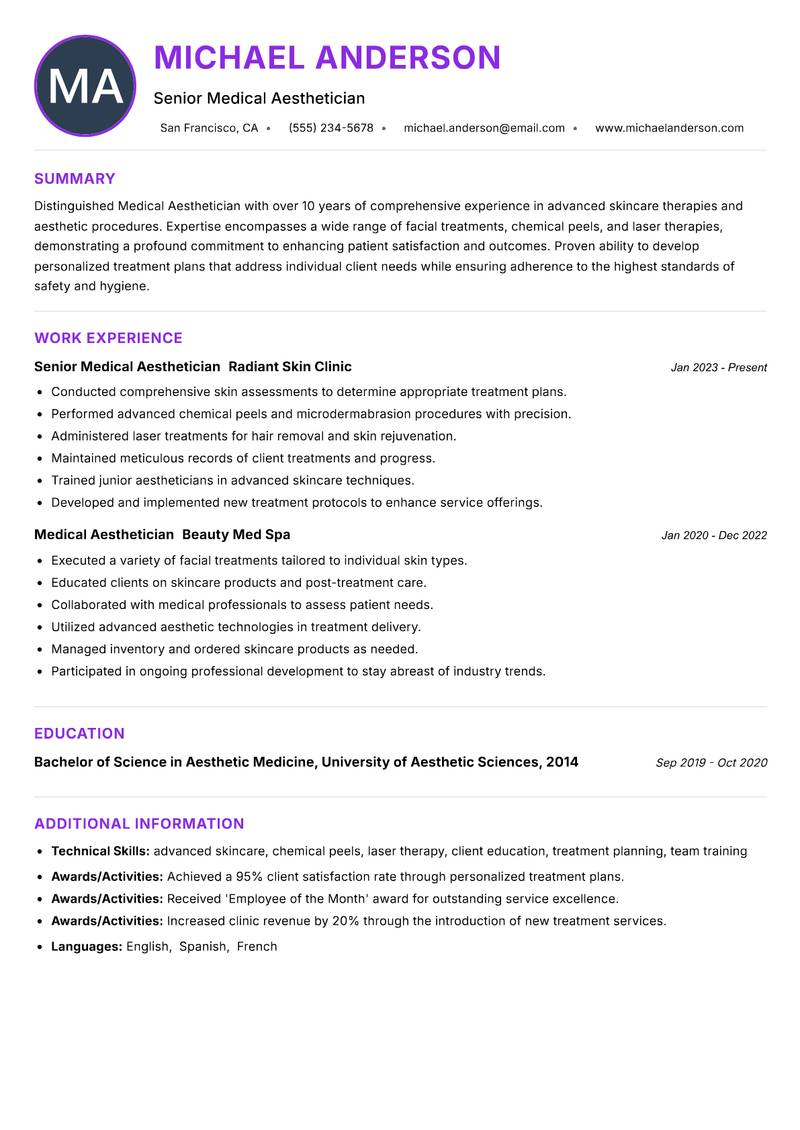 Medical Aesthetician Resume Preview Example