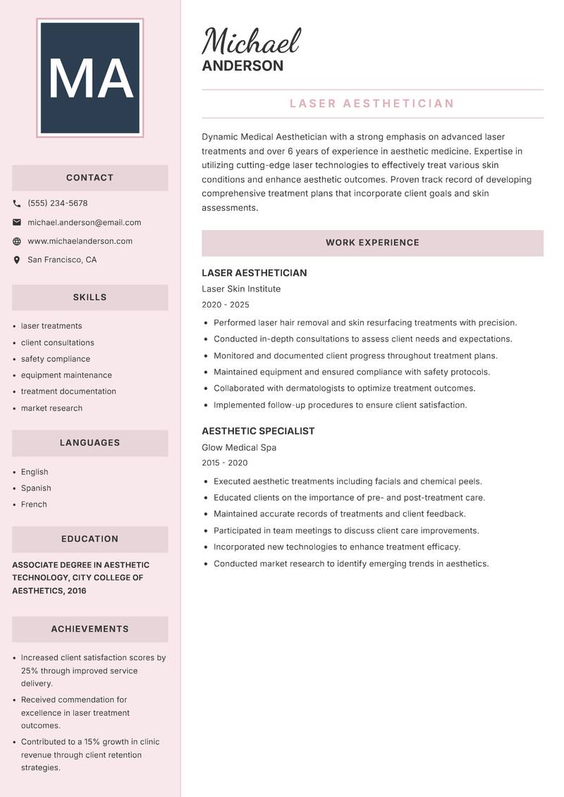 Medical Aesthetician Resume Preview Example