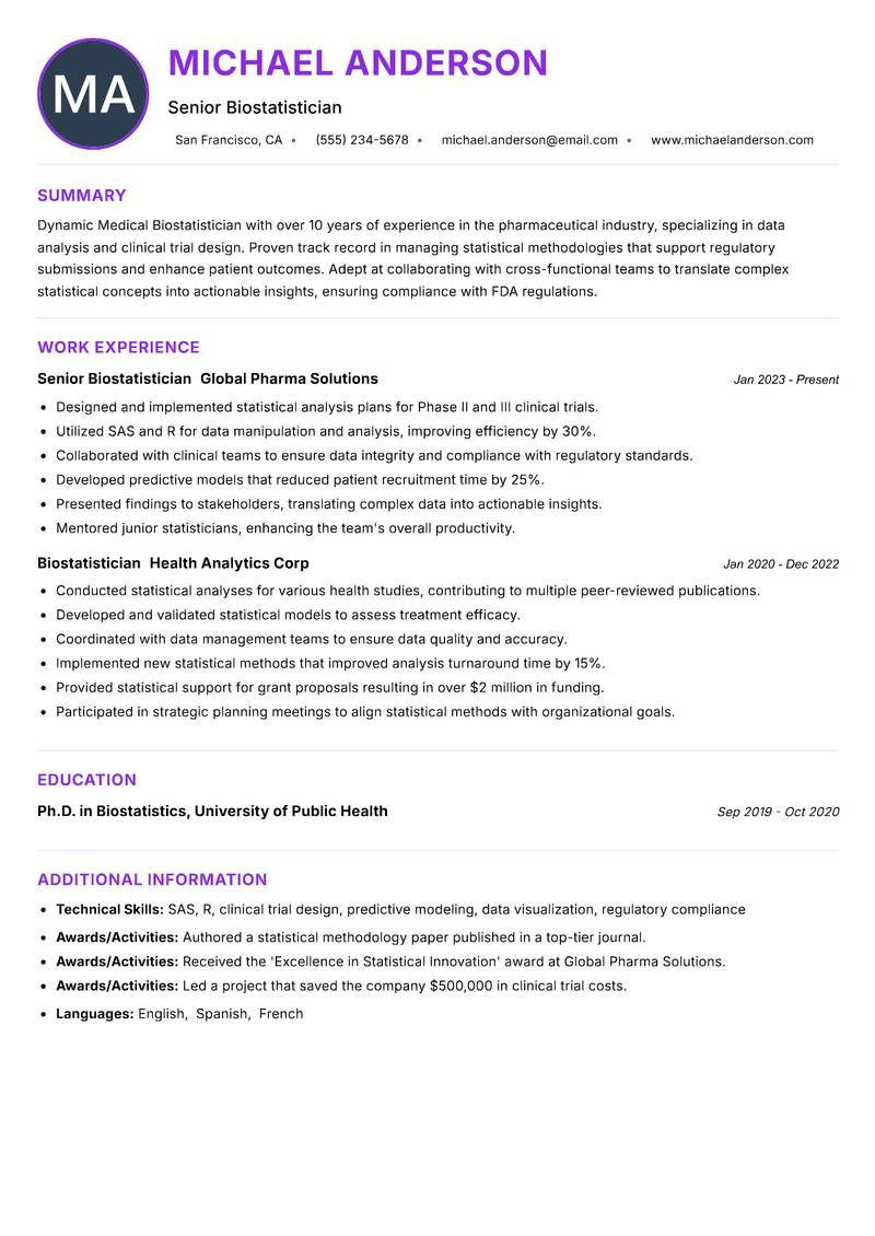 Medical Biostatistician Resume Preview Example
