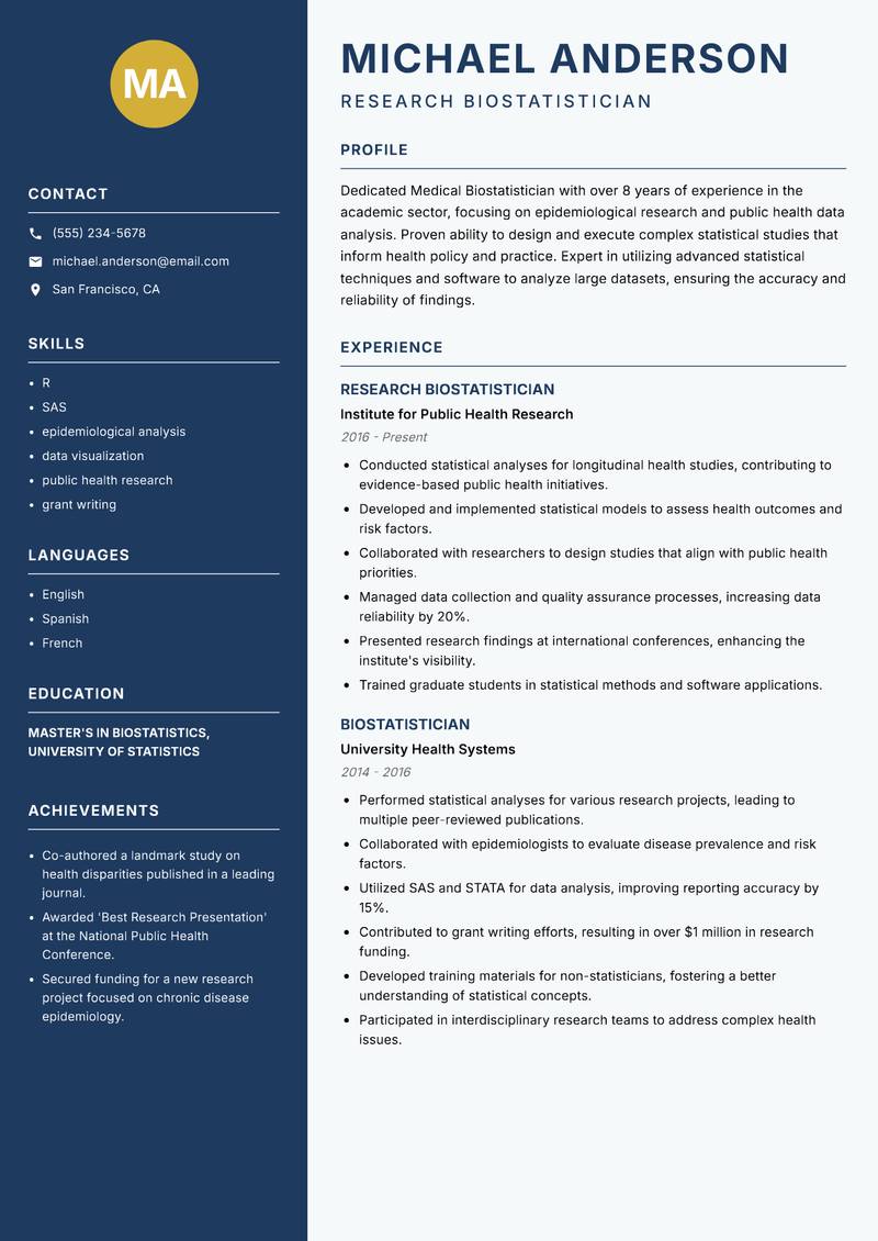 Medical Biostatistician Resume Preview Example