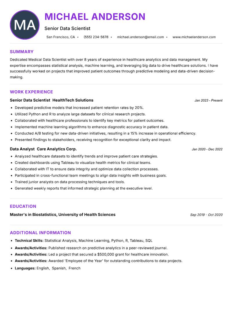 Medical Data Scientist Resume Preview Example
