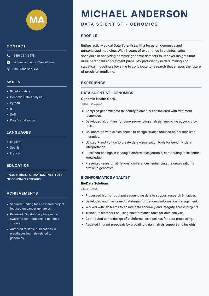 Medical Data Scientist Resume Preview Example