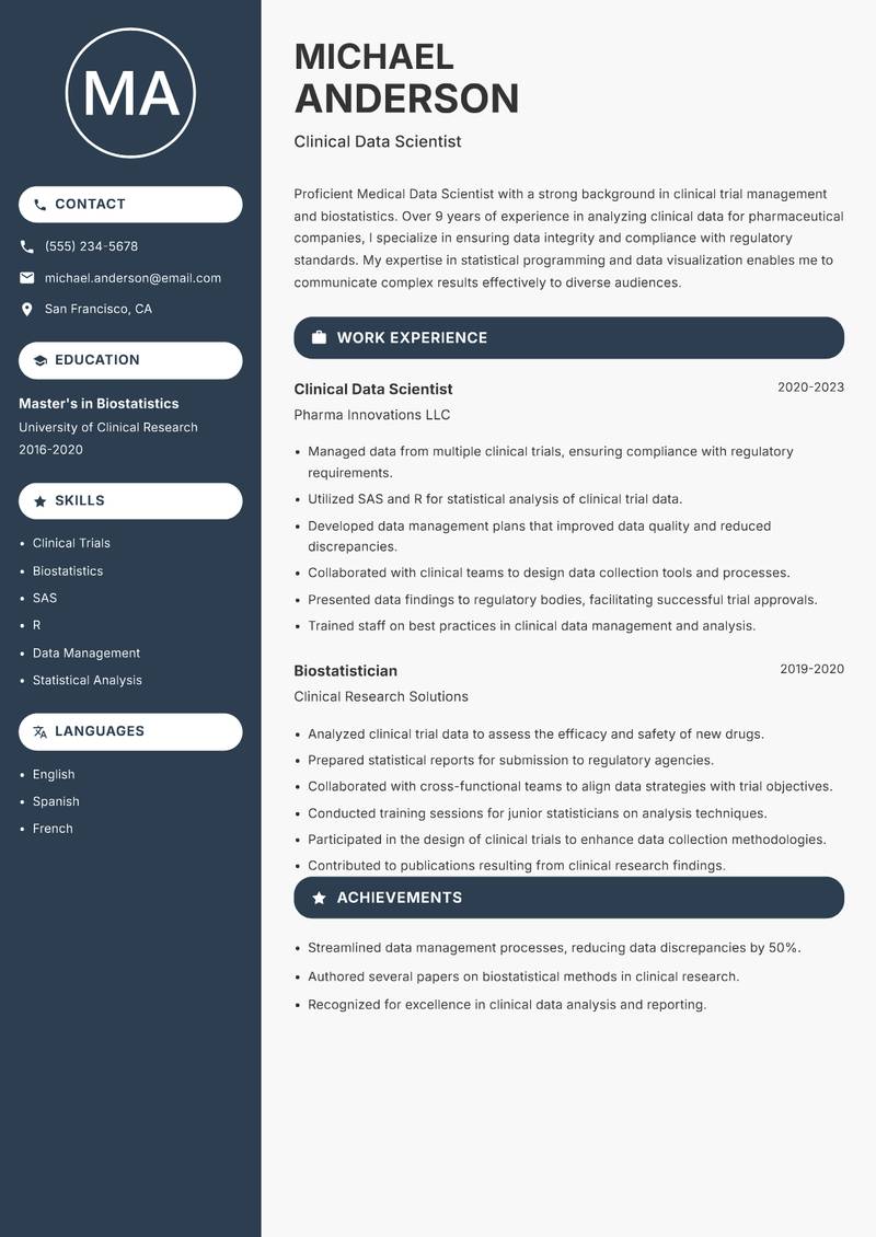 Medical Data Scientist Resume Preview Example