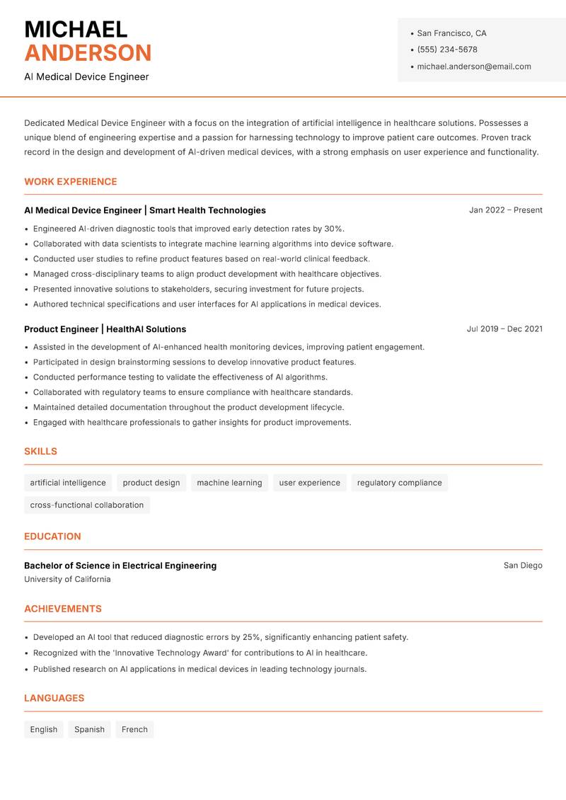 Medical Device Engineer Resume Template