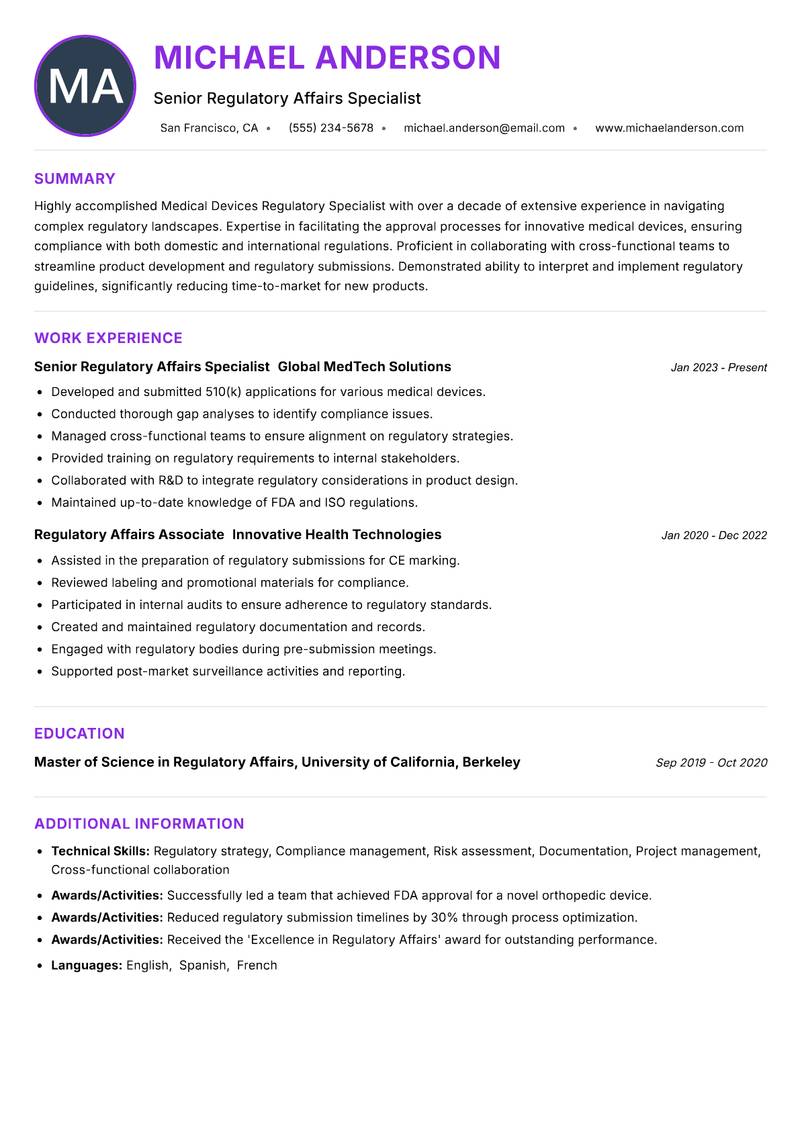 Medical Devices Regulatory Specialist Resume Preview Example