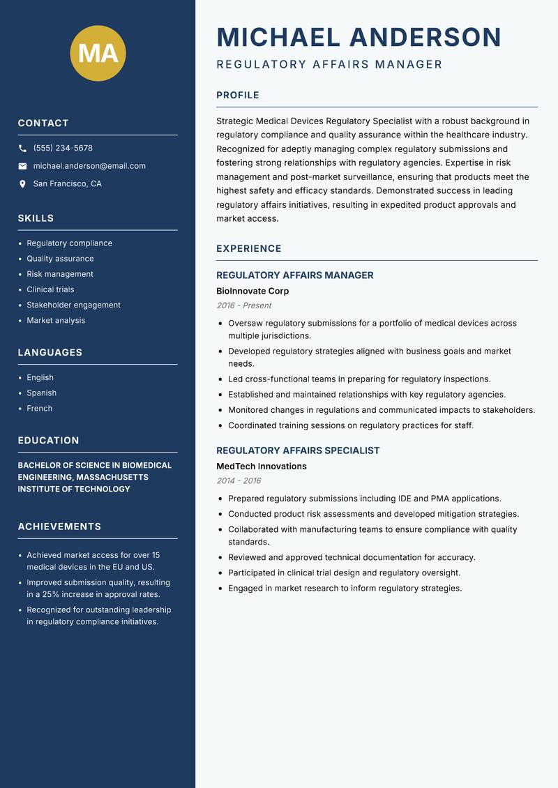Medical Devices Regulatory Specialist Resume Preview Example