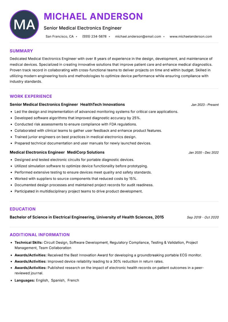 Medical Electronics Engineer Resume Preview Example