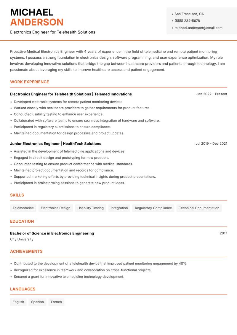 Medical Electronics Engineer Resume Template