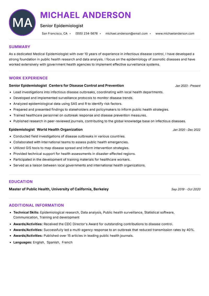 Medical Epidemiologist Resume Preview Example