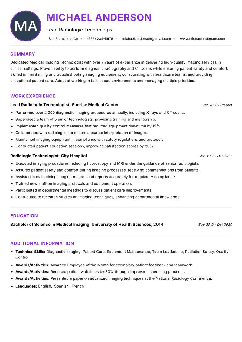 Medical Imaging Technologist Resume Preview Example