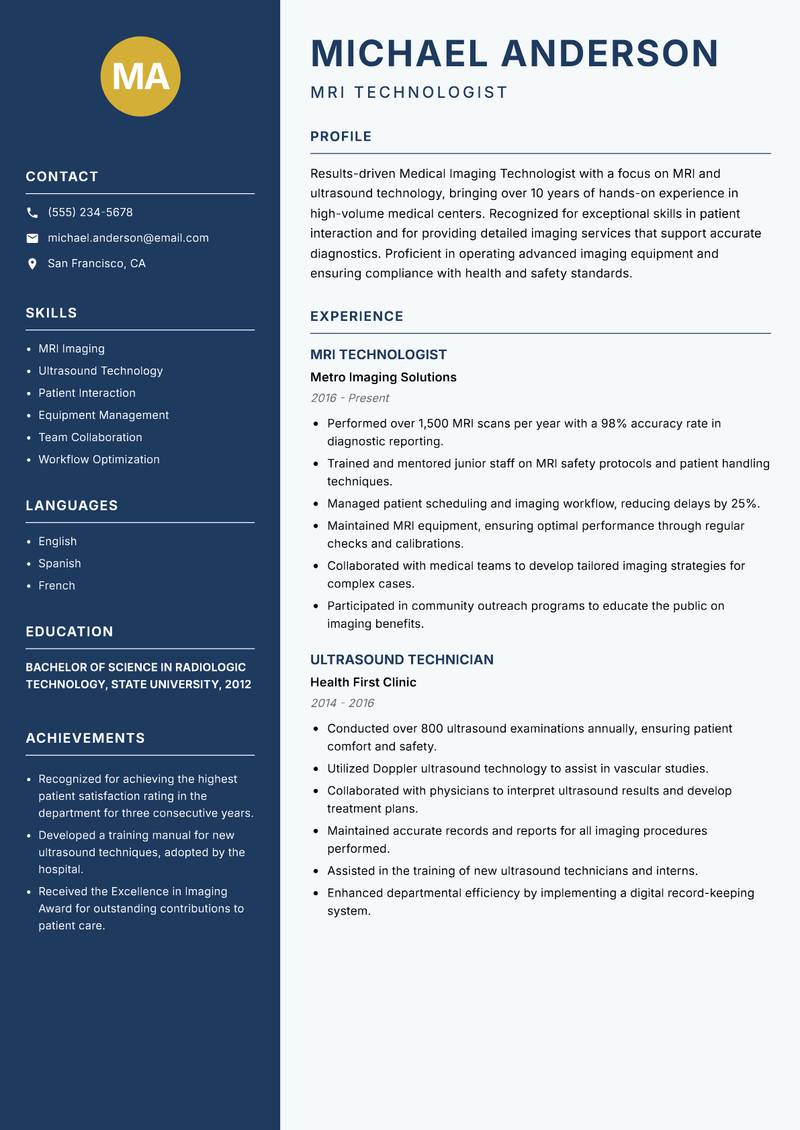 Medical Imaging Technologist Resume Preview Example
