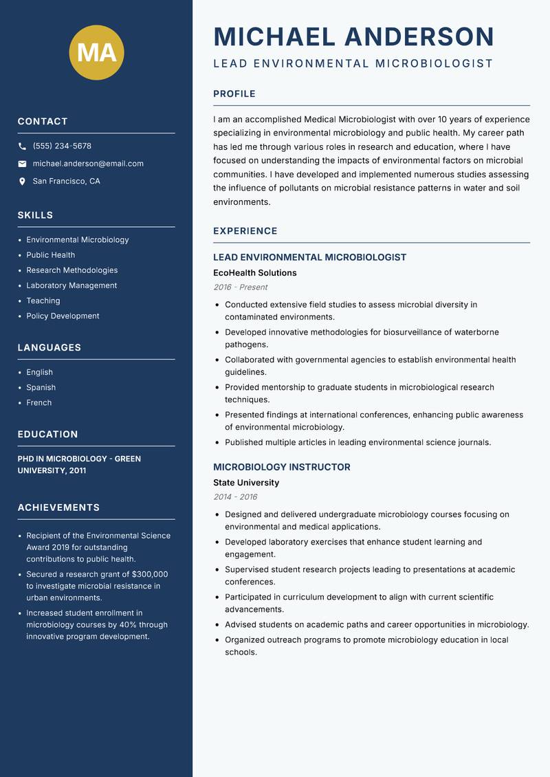 Medical Microbiologist Resume Preview Example