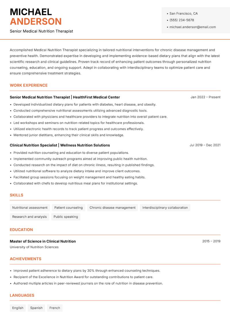 Medical Nutrition Therapist Resume Template