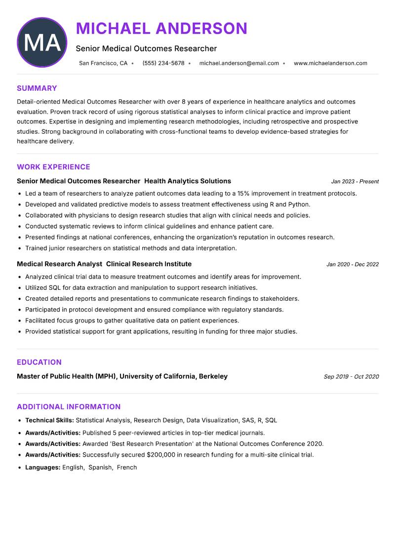 Medical Outcomes Researcher Resume Preview Example