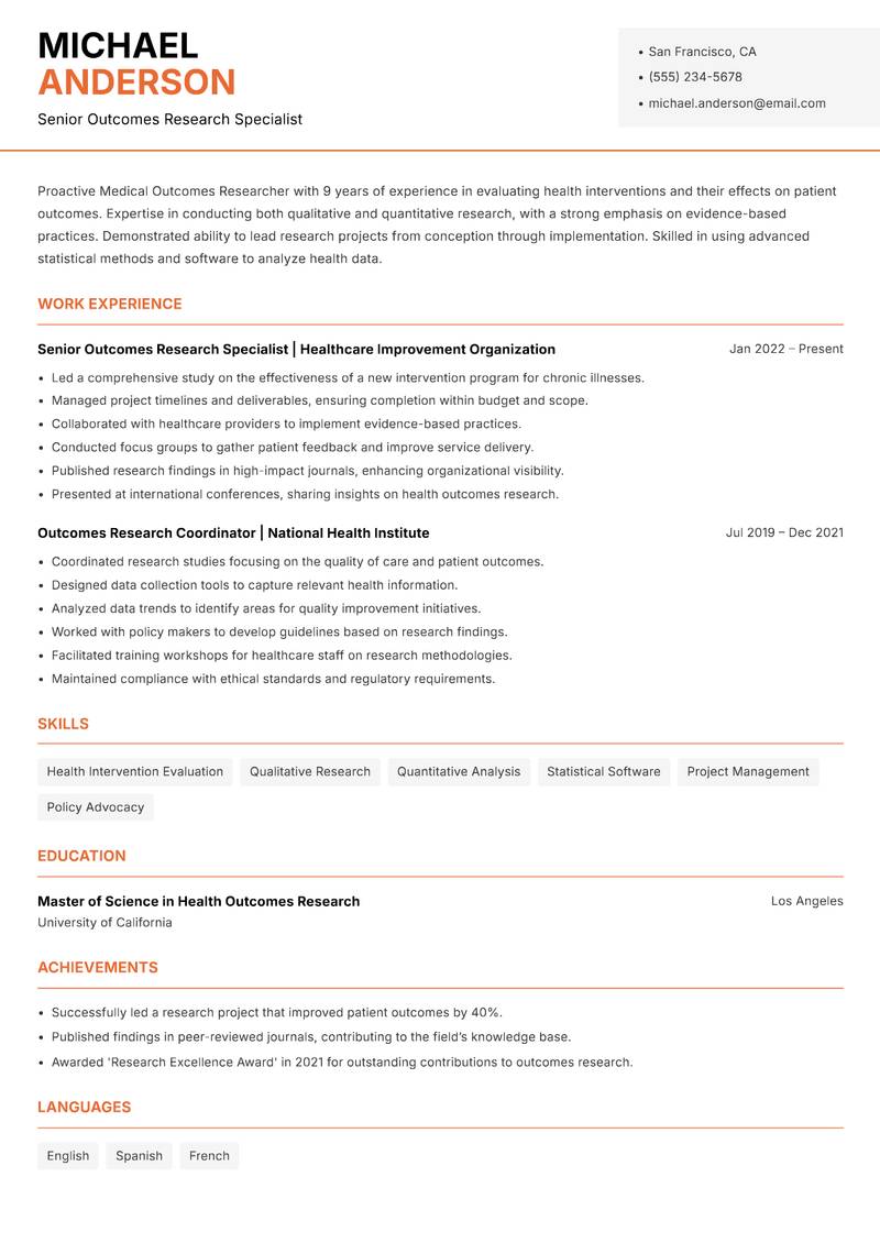 Medical Outcomes Researcher Resume Template