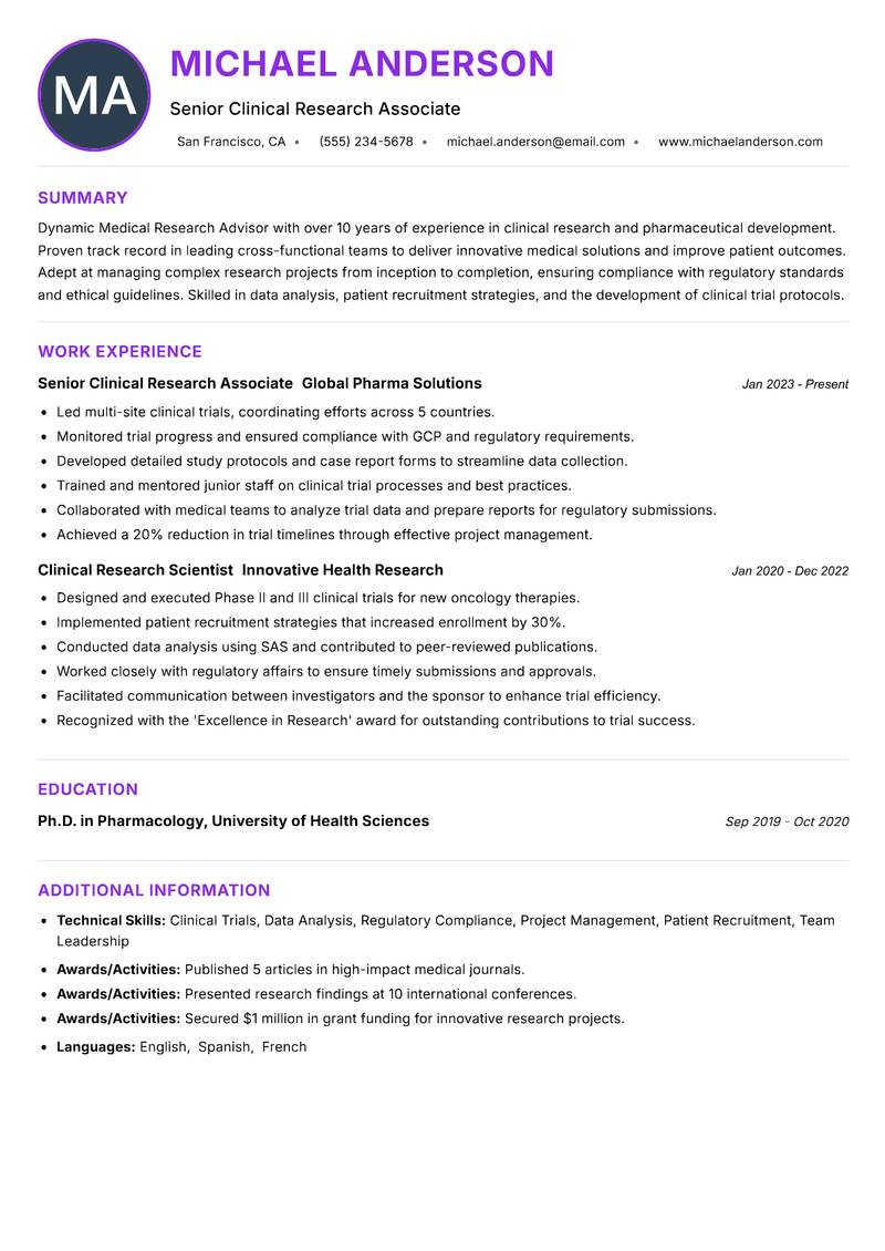 Medical Research Advisor Resume Preview Example