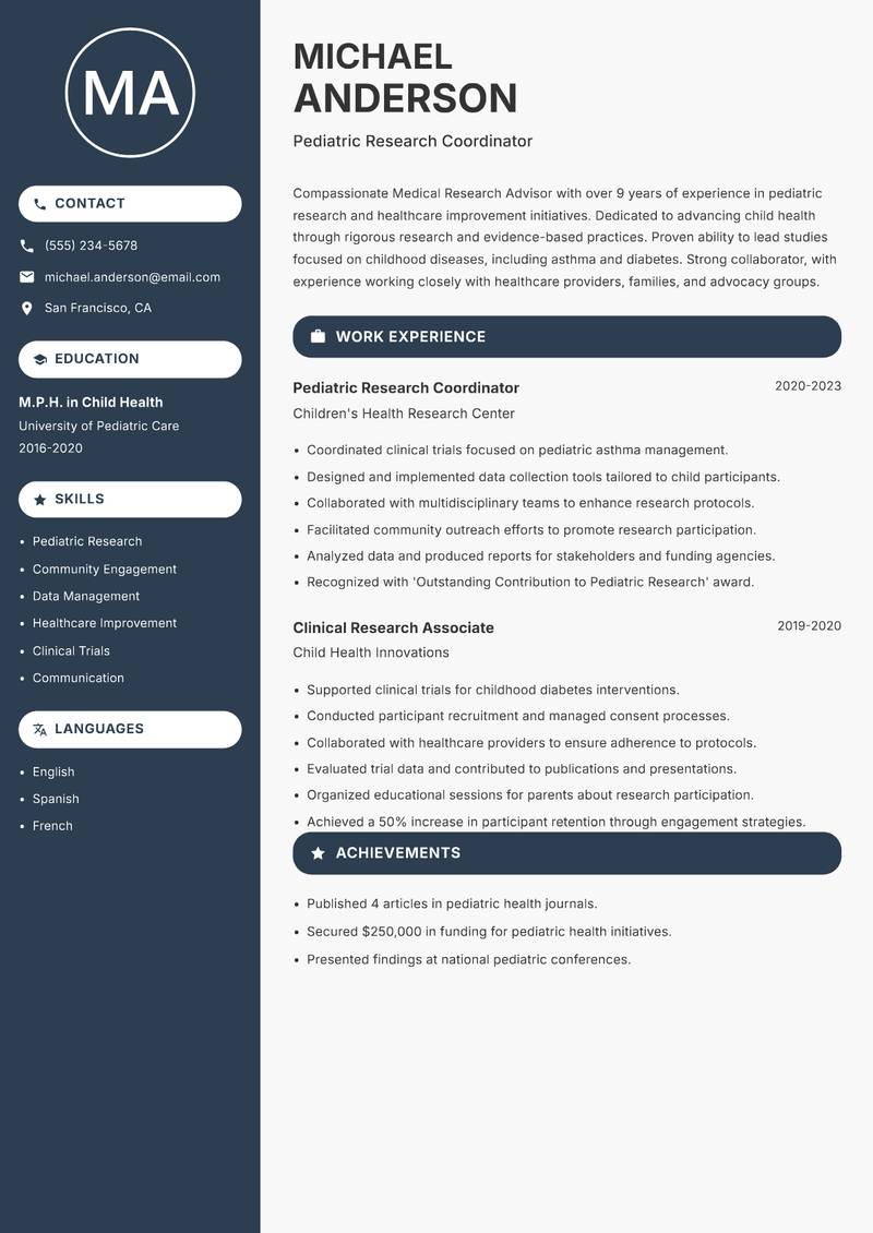 Medical Research Advisor Resume Preview Example