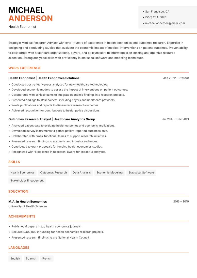 Medical Research Advisor Resume Template
