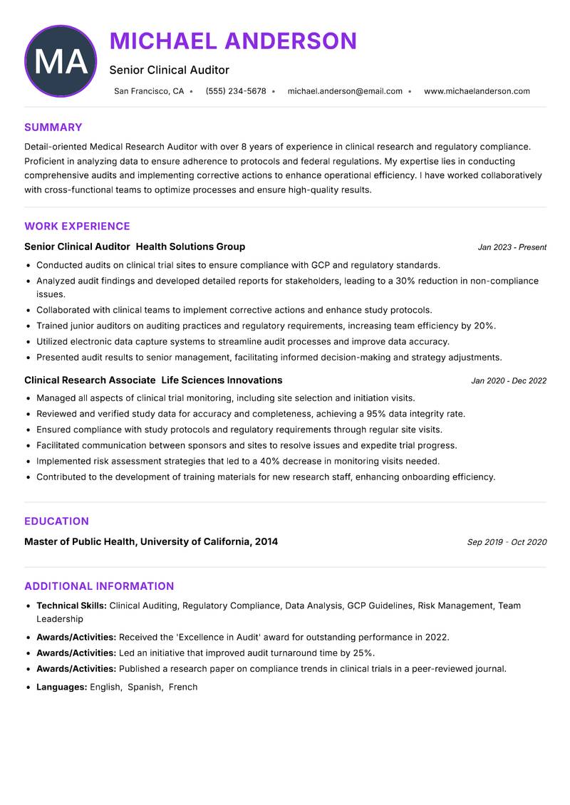 Medical Research Auditor Resume Preview Example