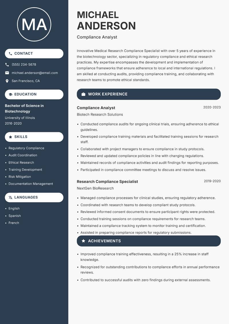 Medical Research Compliance Specialist Resume Preview Example
