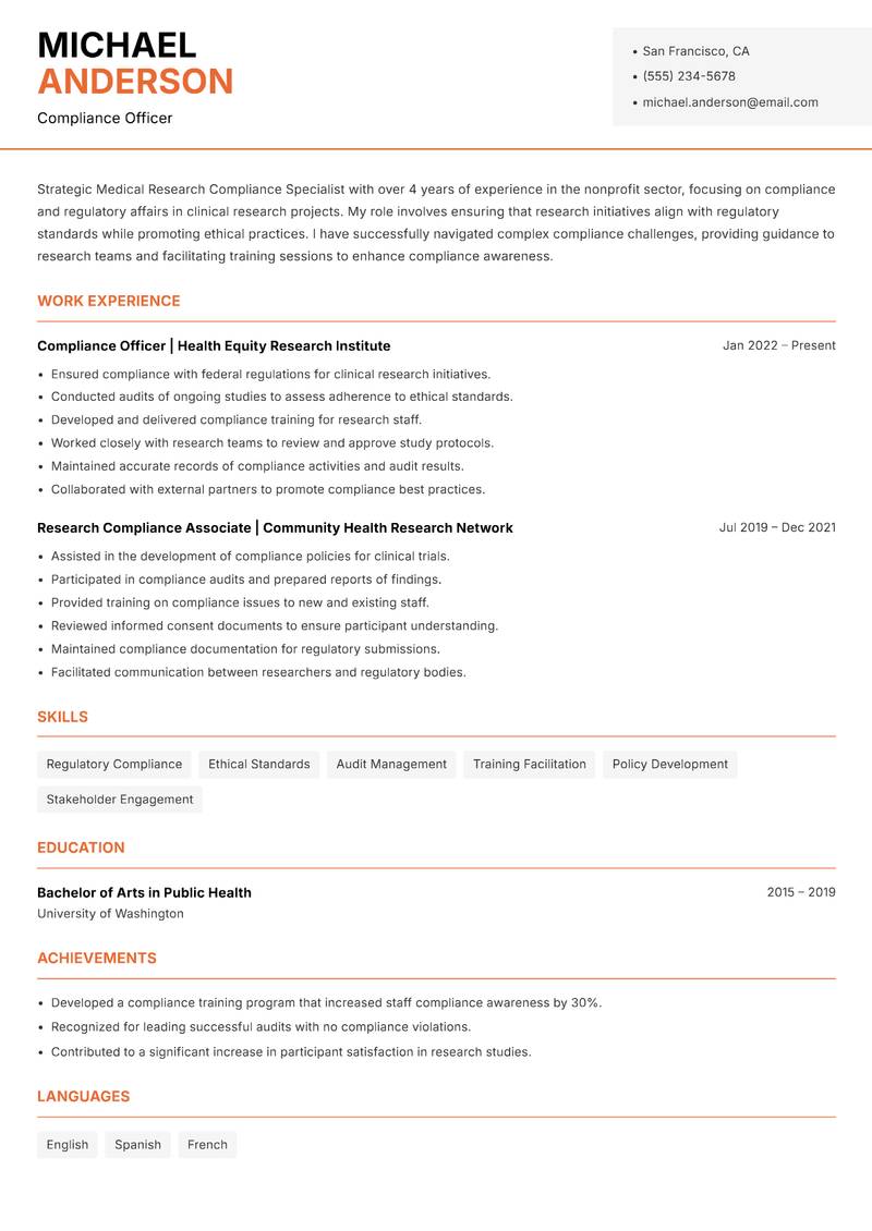 Medical Research Compliance Specialist Resume Template