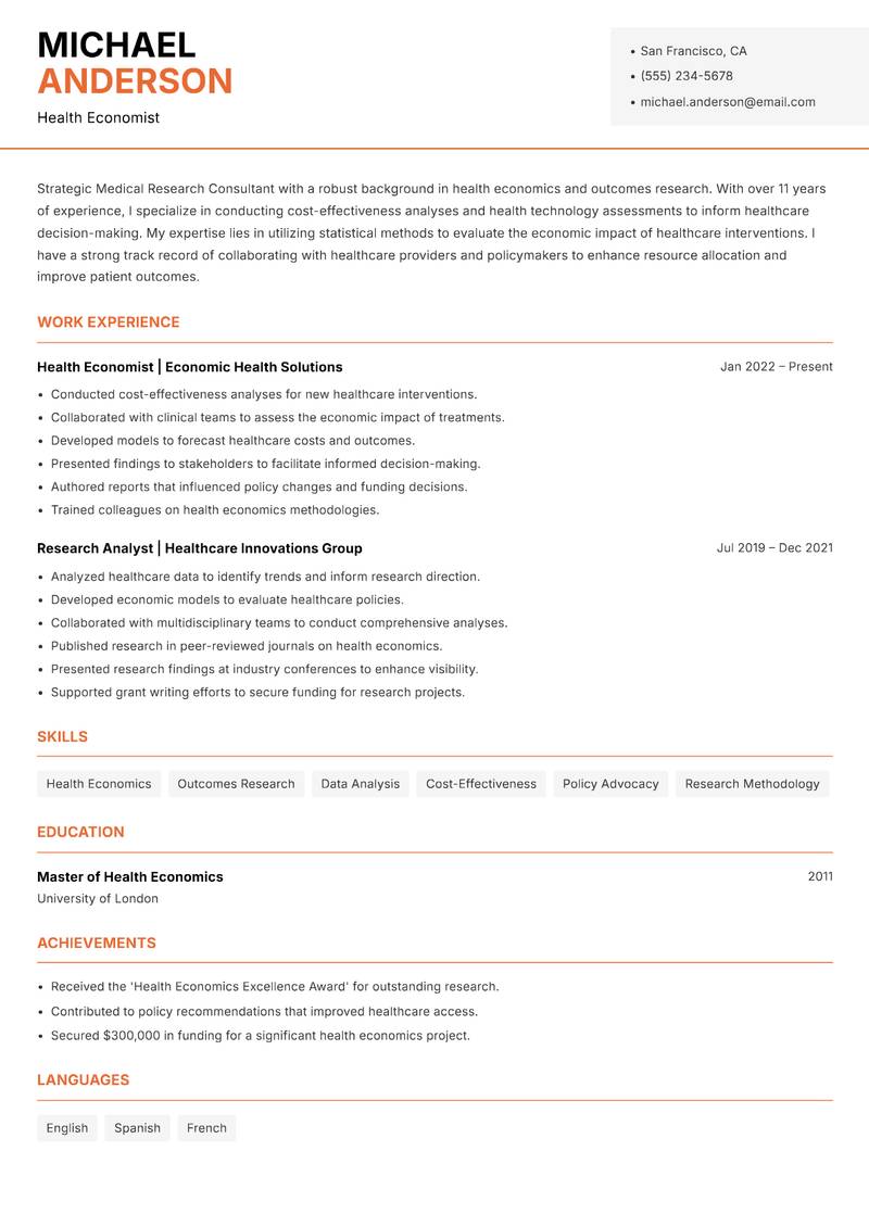 Medical Research Consultant Resume Template