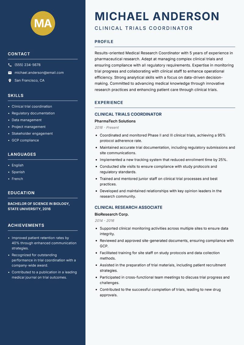 Medical Research Coordinator Resume Preview Example