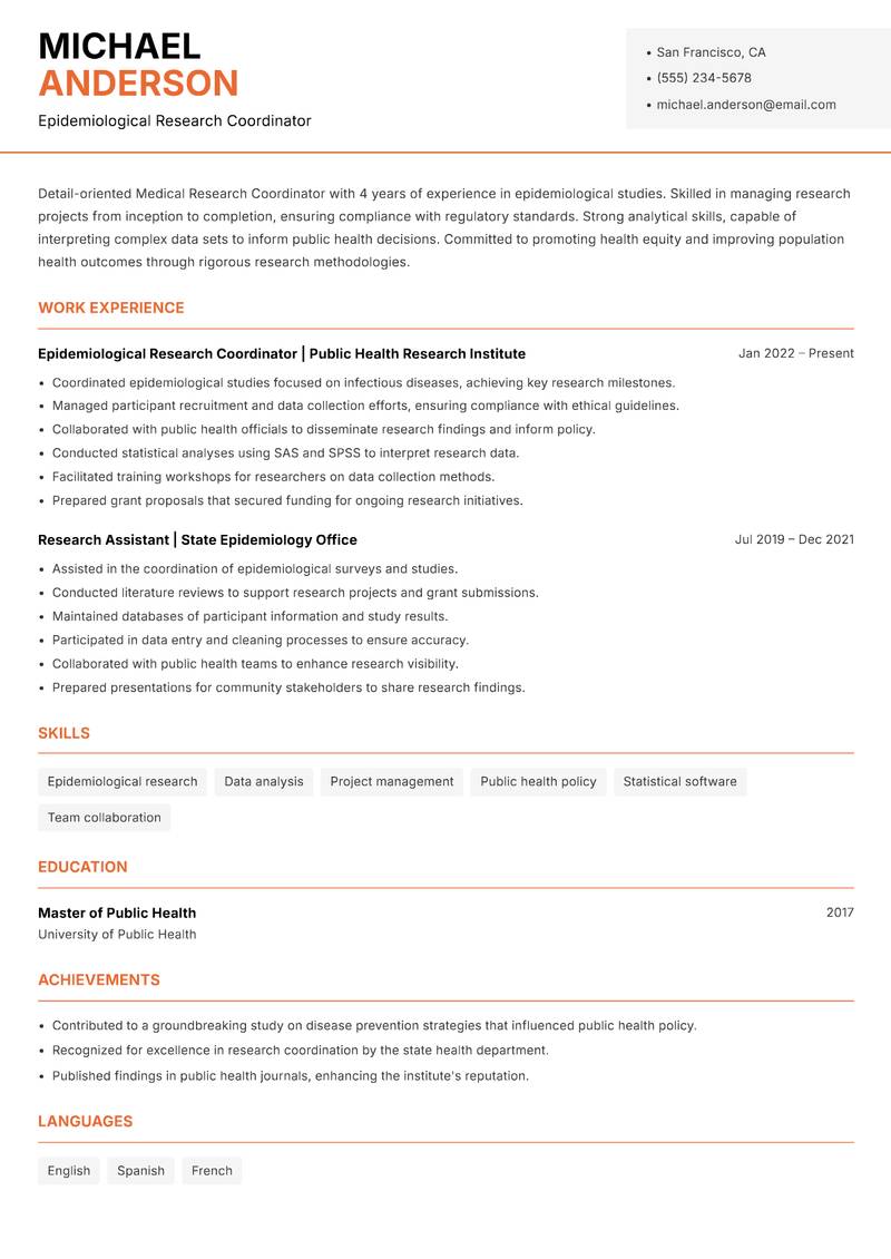 Medical Research Coordinator Resume Template